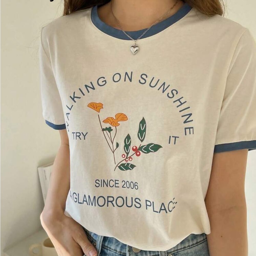 SHEIN Cream Tee with Blue Trim and Graphic